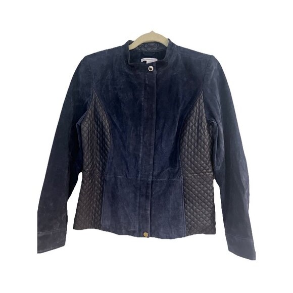Isaac Mizrahi Live! Suede Leather Jacket Blue Size 6 Womens Zip Up Moto Military - Picture 1 of 11